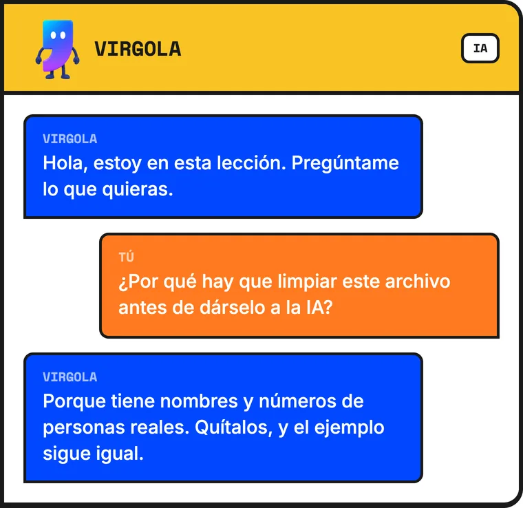 Ejemplo de conversación con Virgola, el tutor de IA, dentro de una lección
