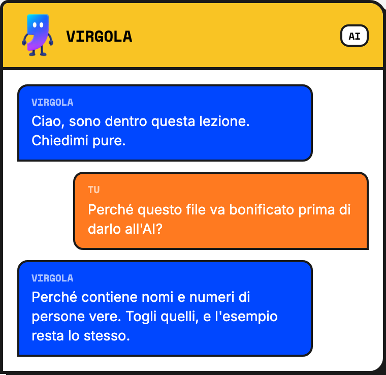 Esempio di conversazione con Virgola, il tutor AI, dentro una lezione