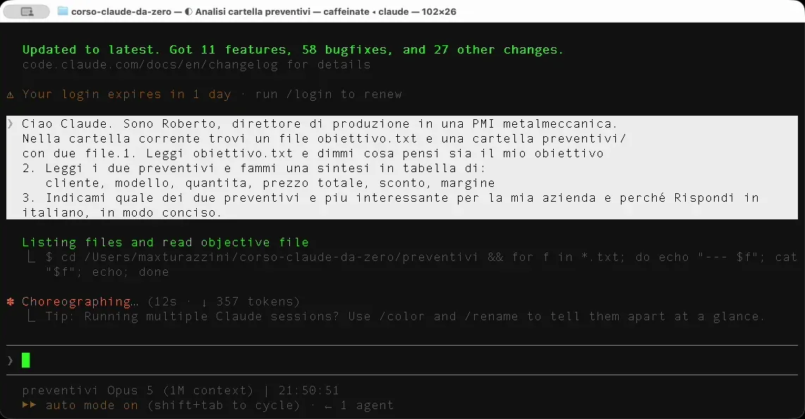 Il terminale con Claude Code aperto sulla cartella corso-claude-da-zero, il prompt di Roberto sui due preventivi e la riga che elenca i file letti.