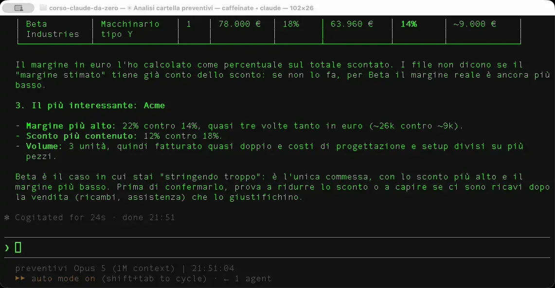 Claude Code confronta i preventivi Acme e Beta e indica Acme come il piu' interessante, con margine 22% contro 14%.