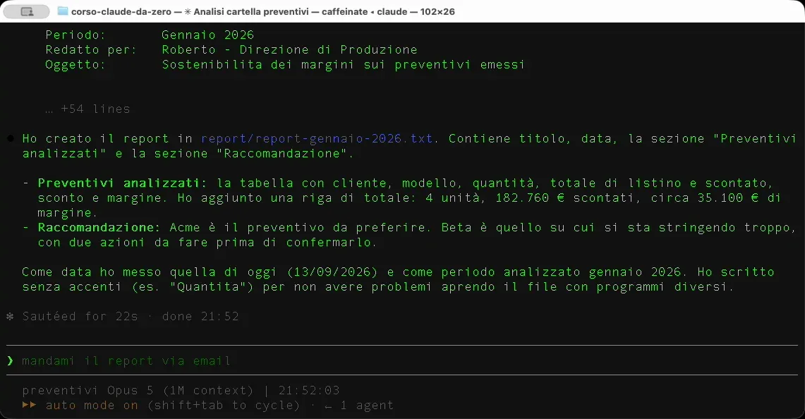 Claude Code conferma di aver creato il file report-gennaio-2026.txt con le sezioni Preventivi analizzati e Raccomandazione.