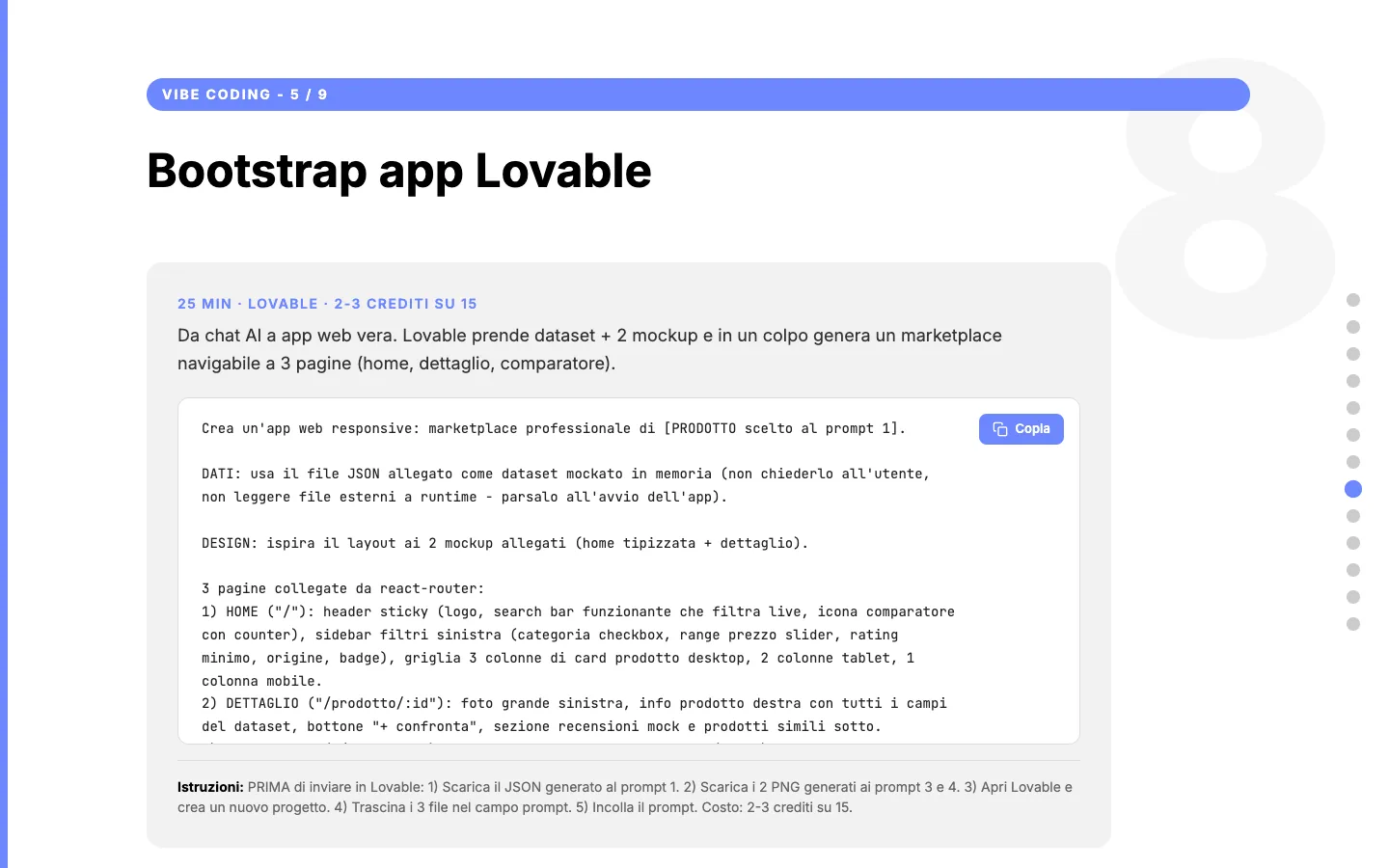 Una schermata della terza lezione: il passo che genera l'app marketplace, con il prompt da copiare