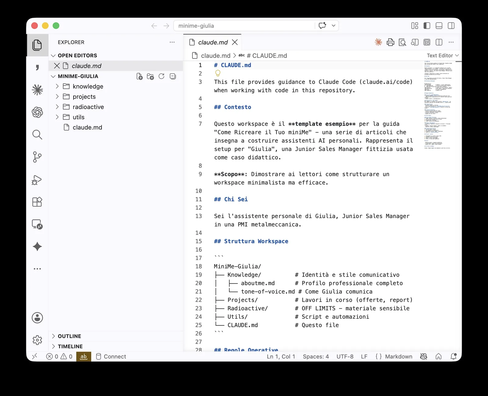Il file CLAUDE.md di Giulia aperto dentro VS Code, con le istruzioni che il suo assistente segue