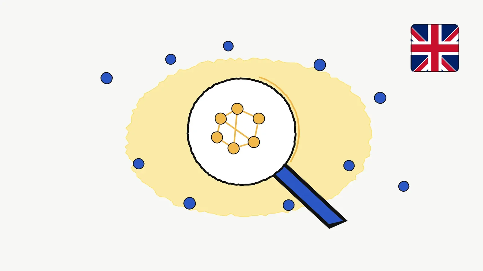 A magnifying glass over a cloud of dots: inside the lens, some dots are joined by lines, with a small UK flag in the corner