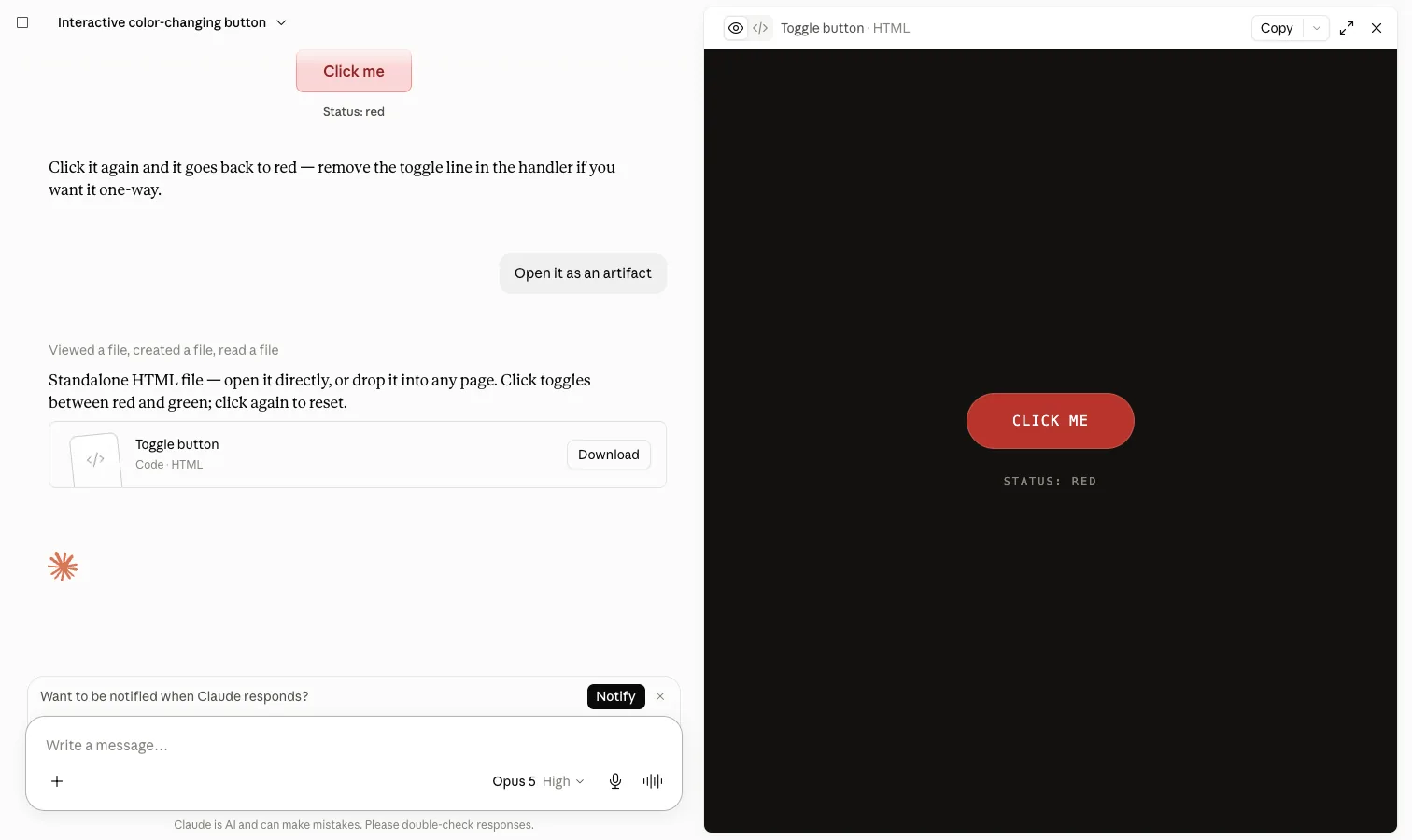 Claude.ai showing the prompt for a red button that turns green when clicked, next to the generated red button