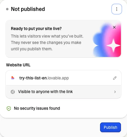 Lovable with the app open in preview and the panel assigning the address try-this-list.lovable.app