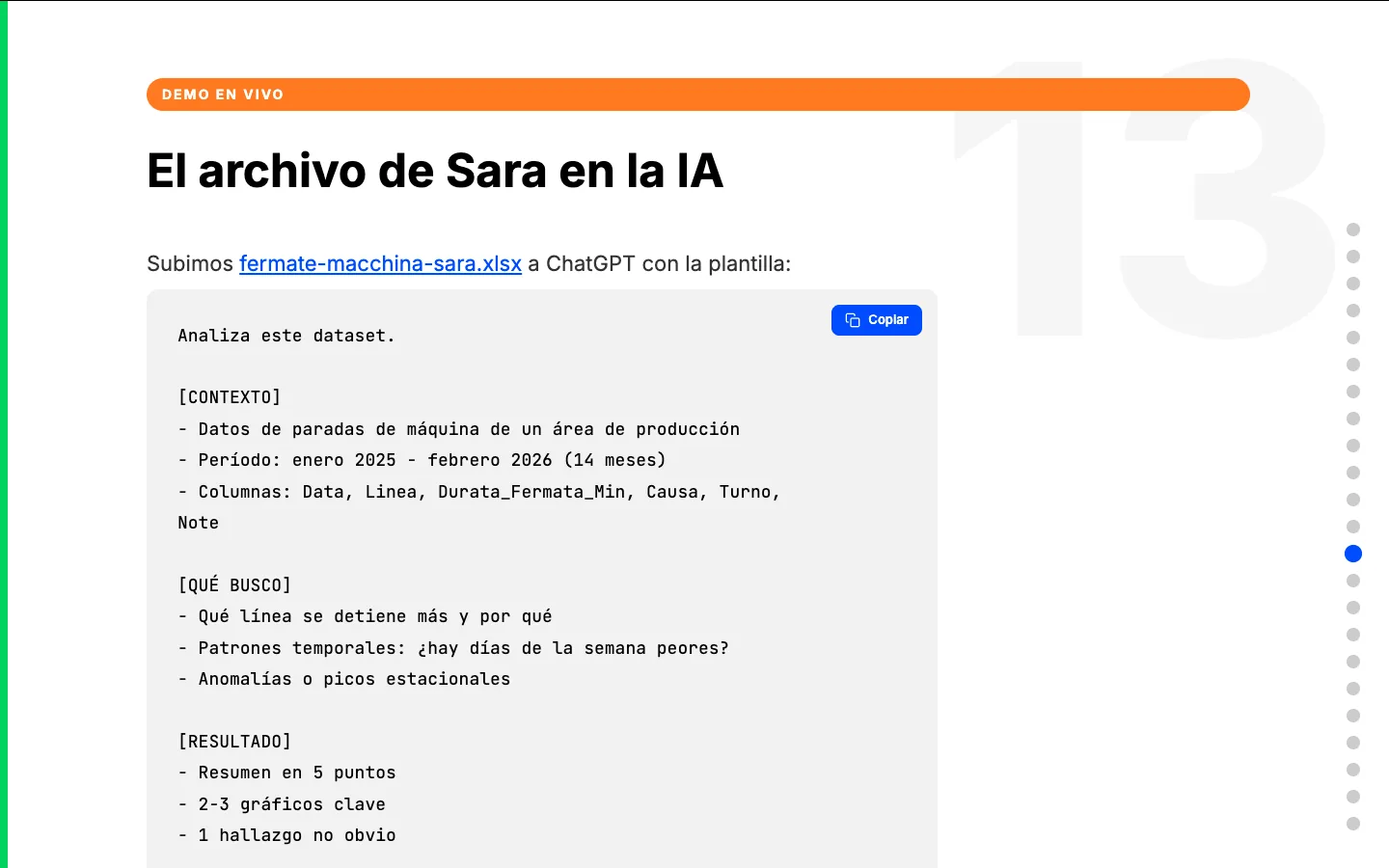 Una pantalla de la primera lección: el esquema de solicitud para el análisis de datos, dividido en contexto, qué busco y resultado