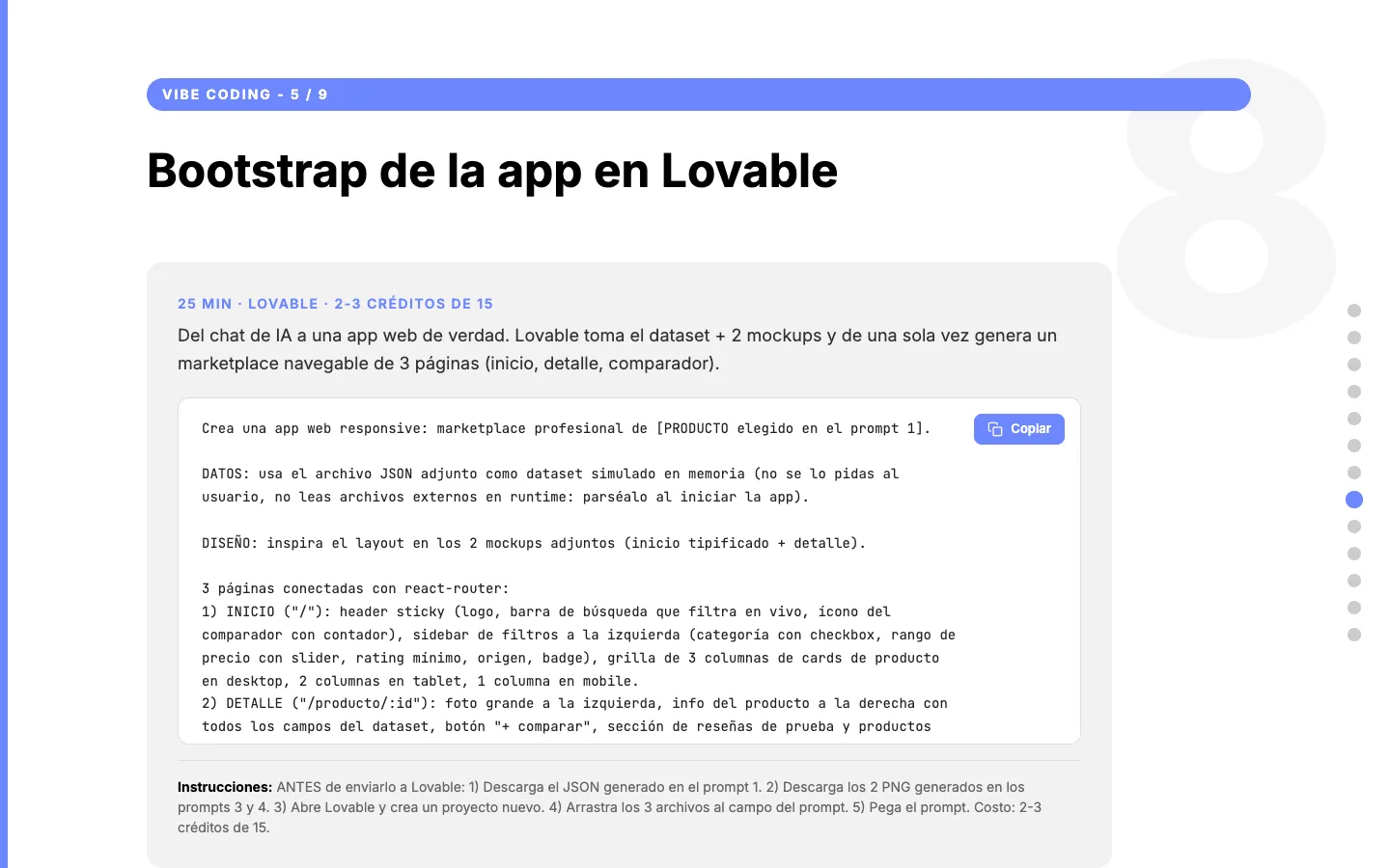 Una pantalla de la tercera lección: el paso que genera la app del marketplace, con el prompt para copiar