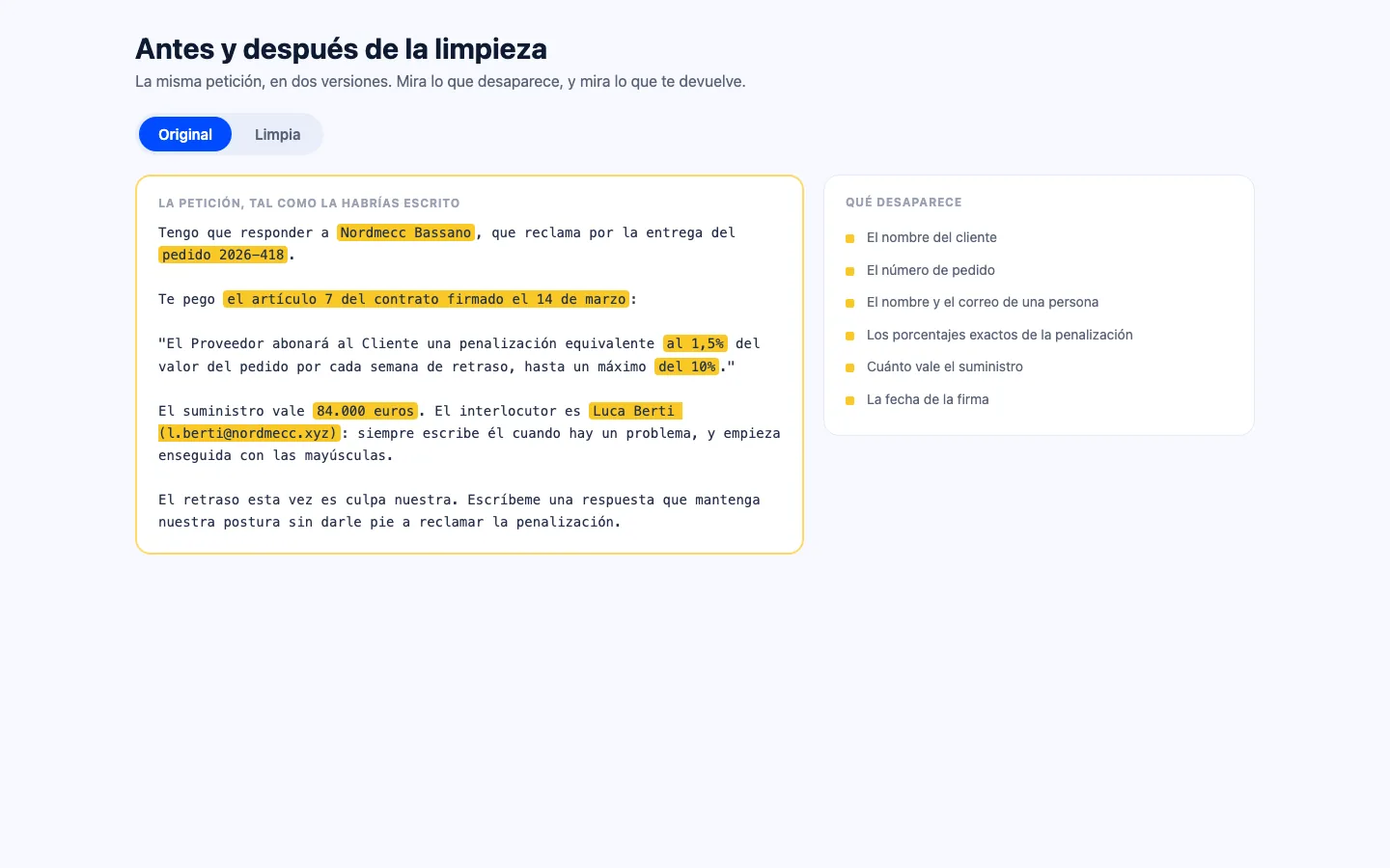 La misma solicitud antes y después de la limpieza, con lo que desaparece y lo que queda resaltado